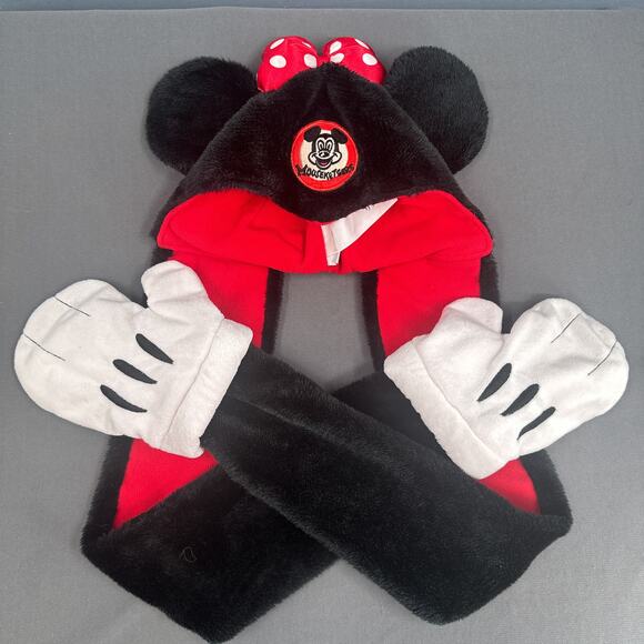 Disney Parks Mouseketeer Minnie Mouse Hat Mittens Scarf One PC Adult Red Black - Picture 1 of 16